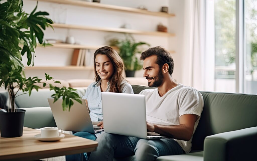 self employed couple looking at laptops