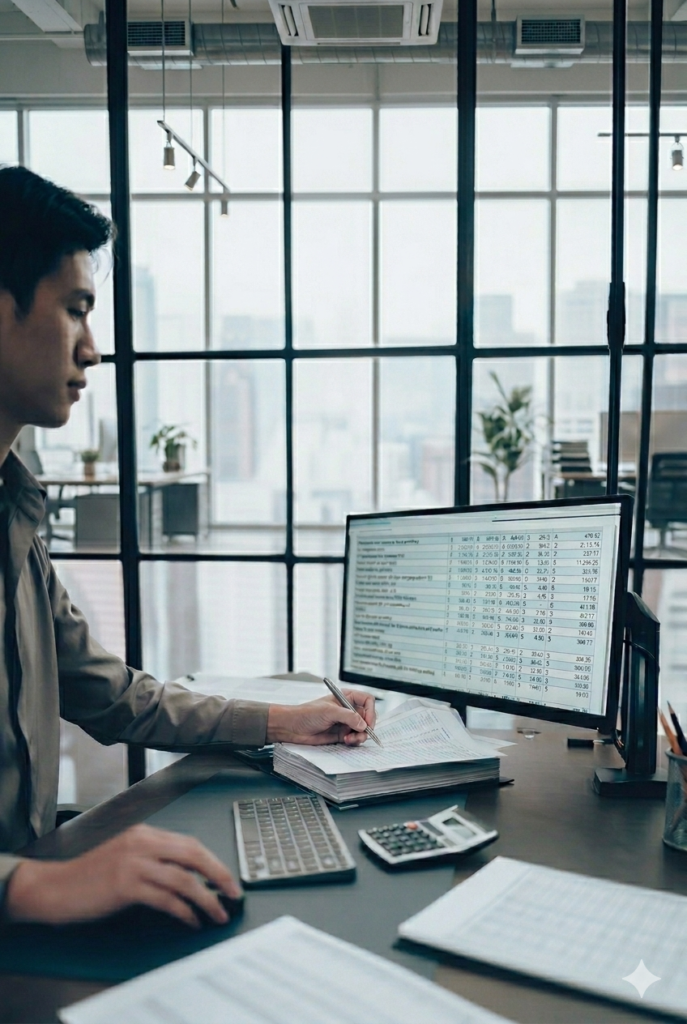 male underwriter reviewing bank statements on a computer screen